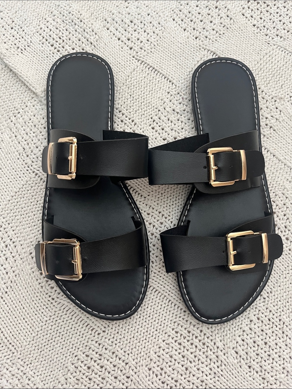 Black Double-Buckle Slide Sandals
